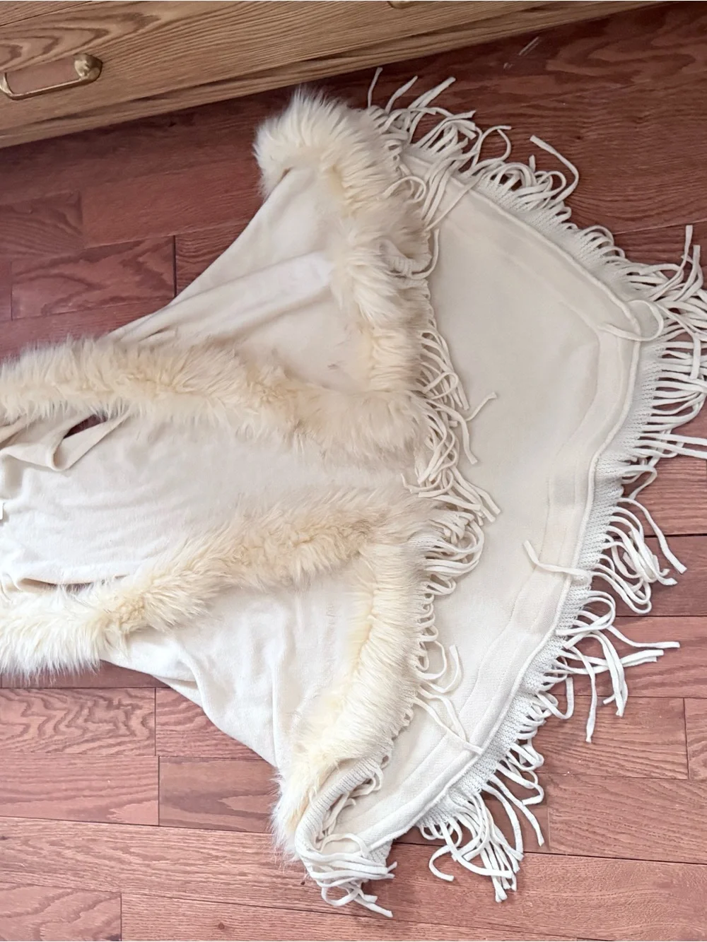 Cream Faux Fur Trim Fringe Poncho